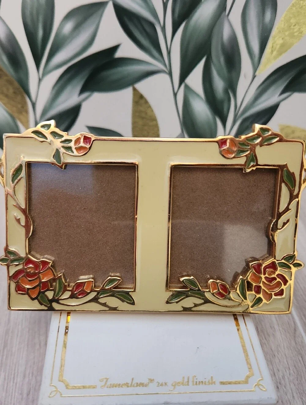Vintage Tamerlane 24K Gold Finish Floral Enamel Double Picture Frame Boxed